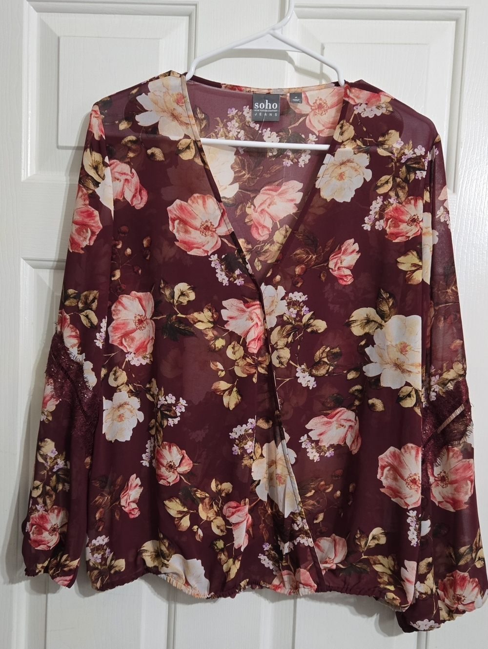 Soho Burgundy Floral V-Neck Blouse with Pink and Cream Flowers
